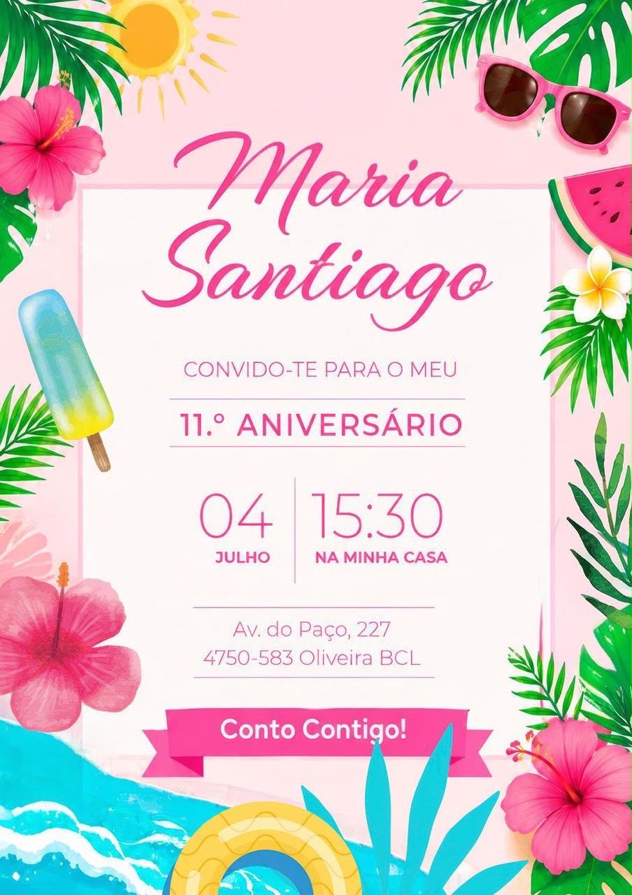 Convite do 11.º aniversário da Maria